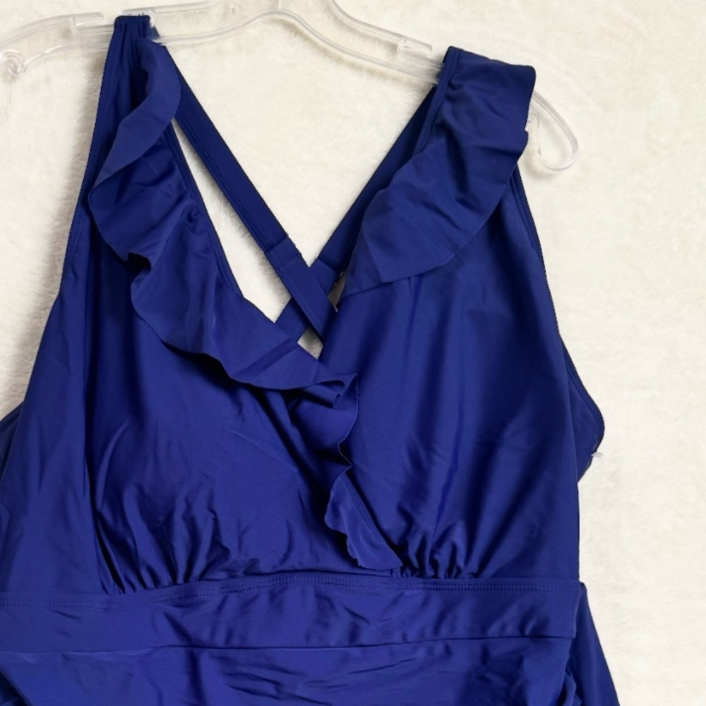 Bloomchic NEW Ruffle Trim Gathered Ruched 1 Piece Swimsuit Sculpt Waist Blue 4X - Picture 4 of 16